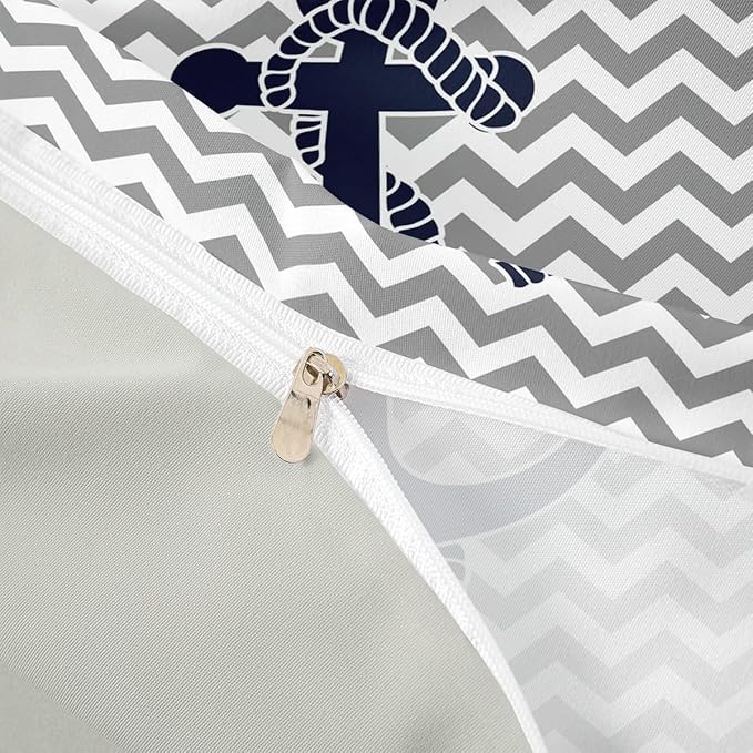 Nautical Anchor Duvet Cover Queen Size,Geometric Gray Stripe Bedding Set for Kids Teens Adults Room Decor,Ocean Adventure Comforter Cover Modern Abstract Quilt Cover No Down Filling,2 Pillowcases