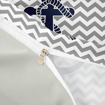 Gray Stripes Duvet Cover Full Size,Geometric Anchor Bedding Set 3pcs for Kids Boys Adults Home Room Decor,Nautical Adventure Themed Comforter Cover Modern Abstract Quilt Cover,2 Pillowcases