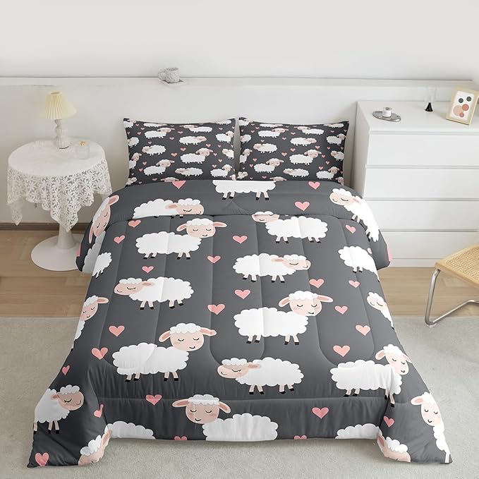 Cartoon Sheep Kids Comforter Set,Cute White Farm Animals Bedding Set for Boys Girls Teens,Romantic Pink Hearts Decor Graffiti Comforter Duvet Set with 2 Pillowcases Full Size 3 Pcs