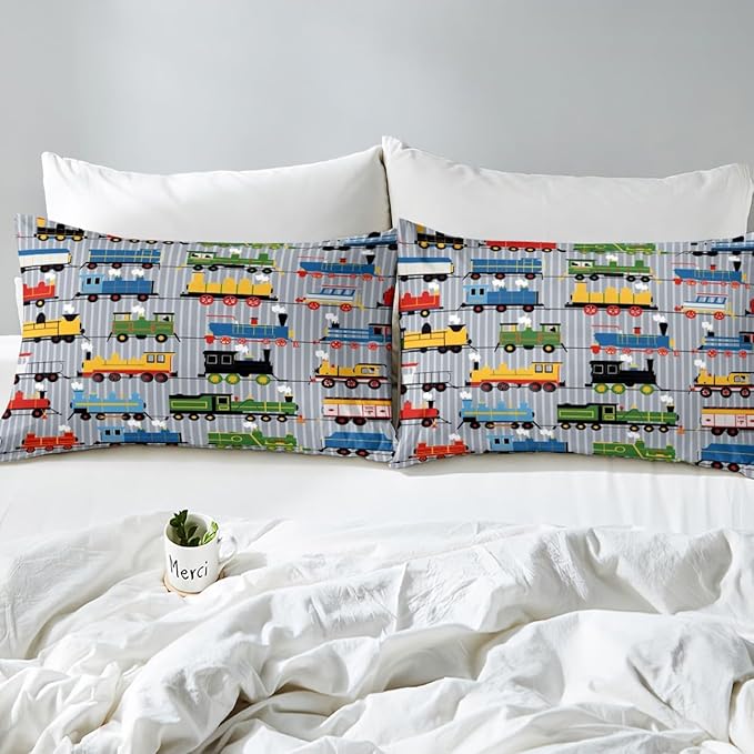 Erosebridal Boys Comforter Set Twin Size Train Bedding, Colorful Steam Engine Truck Bedding Comforter Sets for Kids Girls Toddler Train Transportation Quilted Duvet 2Pcs,Gray, Blue, Red, Yellow
