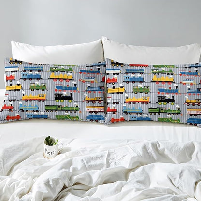 Erosebridal Boys Comforter Set Toddler Size Train Bedding, Colorful Steam Engine Truck Bedding Comforter Sets for Kids Girls Toddler Train Transportation Quilted Duvet 2Pcs,Gray, Blue, Red, Yellow