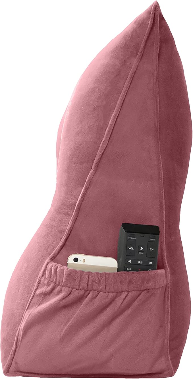 Triangular Reading Bed Rest Pillow Large Bolster Cushion Headboard Backrest Wedge Pillow with Removable Cover and Two Large Side Pockets (Pink, Queen: 59 x 8 x 20 inches)