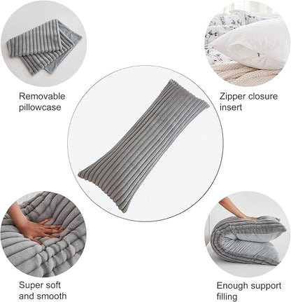 Full Body Pillow with Fluffy Stripe Faux Fur Removable Cover, Long Bed Pillow Adult 20x54 Inches for Side Sleeper and Pregnancy, Gray.