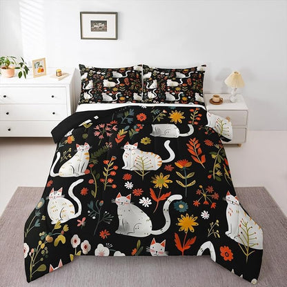 jejeloiu Cute Cat Bedding Set Soft for Boys Girls, Floral Flower Comforter Set King Size Nature Plants Duvet Quilt Microfiber Black Colorful Bedroom Decor 3 Pcs with 2 Pillow Cases