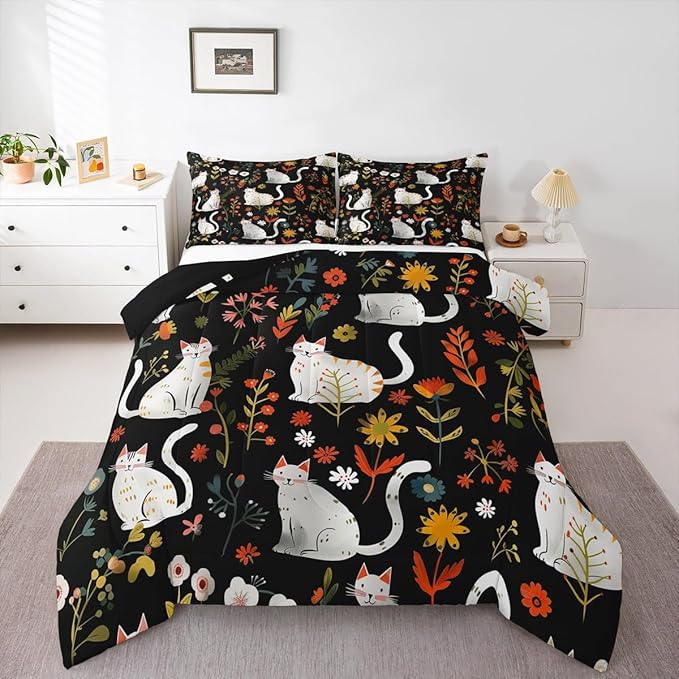 jejeloiu Cute Cat Bedding Set Soft for Boys Girls, Floral Flower Comforter Set Toddler Size Nature Plants Duvet Quilt Microfiber Black Colorful Bedroom Decor 2 Pcs with 1 Pillow Cases