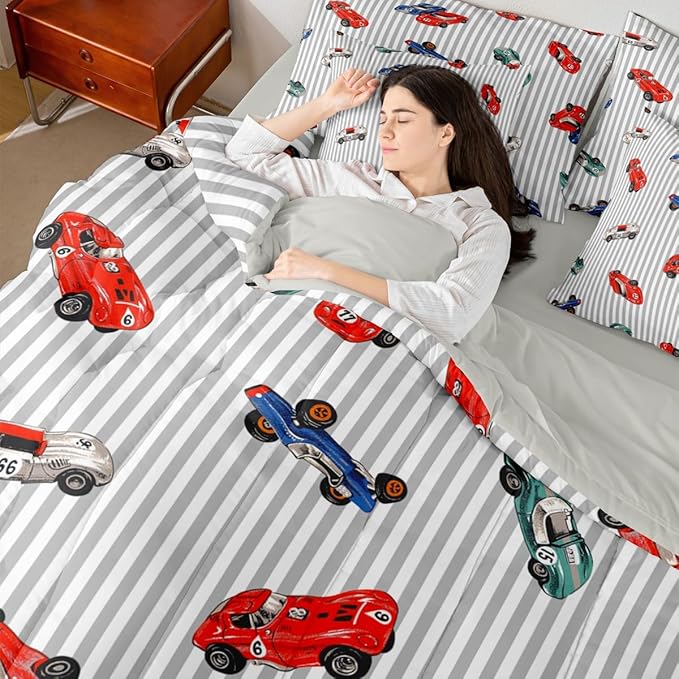 Feelyou Race Car 7 Piece Bedding Set Full Size Cartoon Cute Car Comforter Set with Sheets for Kids Boys Girls Speed Sports Bed in a Bag Extreme Sports Bed Set Soft Lightweight