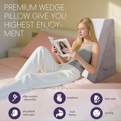 Memory Foam Bed Wedge Pillow (10"x24"x24") - Acid Reflux & Back Pain Relief, Anti-Snoring Incline Design, Removable Washable Cover for Sleep & Post-Surgery Support