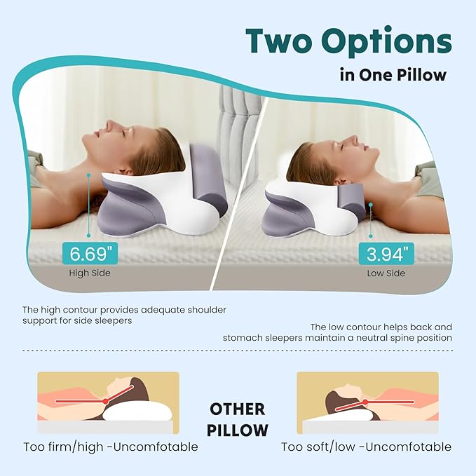 Smug Cervical Neck Pillow for Sleeping, Cooling Ergonomic Memory Foam Pillow with Arm Rest Slot and Ice Silk Pillowcase, Dual Height Orthopedic Support Contour for Side, Back, Stomach Sleepers