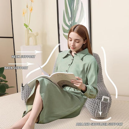 Reading Pillow for Sitting in Bed, Large Backrest Reading Pillow with Arm Rest,Back-Rest Support Cushion for Sit Up on Couch, Sofa, and Floor, Dorm Essentials (Grey Flannel, Large(19"))