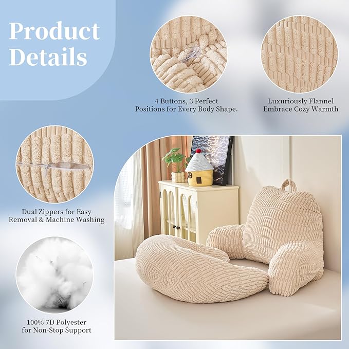 Back Pillow for Bed Sitting Up,U Shaped & Back Support Pillow for Bed,19" Backrest with Lumbar & Arm Support,Comfy Corduroy Fabric,Lap Pillow for Gaming/Reading/Watching TV,White