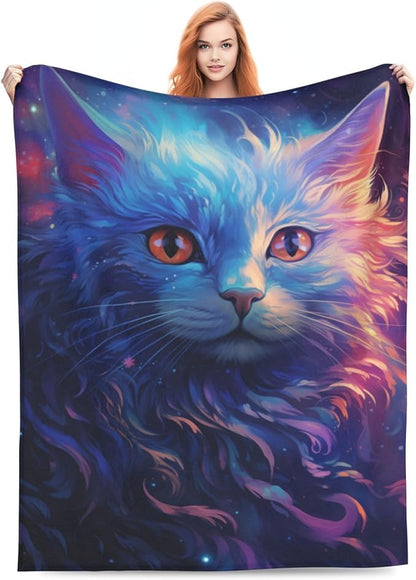 Abstract Space Cat Blanket - Colorful Galaxy Cat Flannel Throw Blanket for Home, Couch, Bed, Sofa - Soft, Fuzzy, Lightweight - Decor All Season - 80x60 Inches