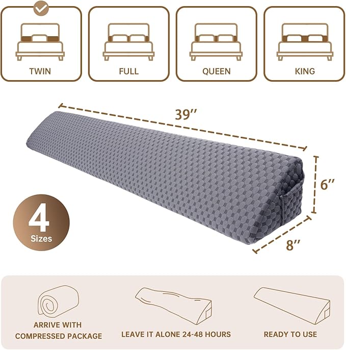 Twin Size (39"x6"x8") Bed Wedge Pillow for Headboard Mattress Gap Filler (0-6") for College Dorm Sleeping, White