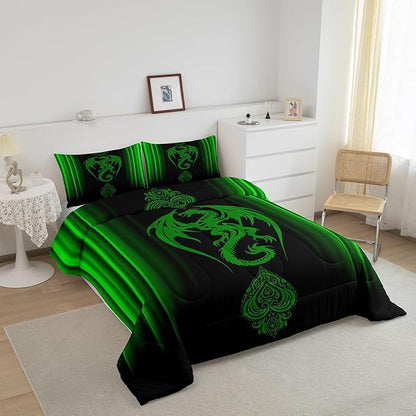 Feelyou Green Dragon Comforter Set Gradient Ombre Green Teens Women Bedding Set for Kids Boys Girls Vintage Boho Paisley Decor Comforter Exotic Trippy Quilt Set 2Pcs Twin Size