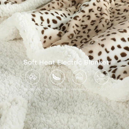 Electric Heated Blanket Throw Size 50"x60" - Dual-Sided with Microplush & Sherpa Fabric, 4 Heat Settings & 3 Hours Auto Off - Beige Leopard Print
