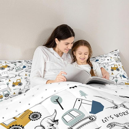 Feelyou Construction Comforter Set King Size Kids Cartoon Car Excavator Tractor Toddler Comforter Equipment Trucks Dinosaur Comforter Set Construction Vehicles White Yellow Duvet Set Quilt Set