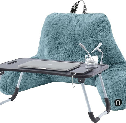 Nestl Fur Reading Pillow with Laptop Lap Desk, Stylish Back Pillow for Sitting Up, Lap Desk with Reading Pillows for Sitting in Bed Adult & Kids, Faux Fur Chair Pillow with Arms - Stone Blue