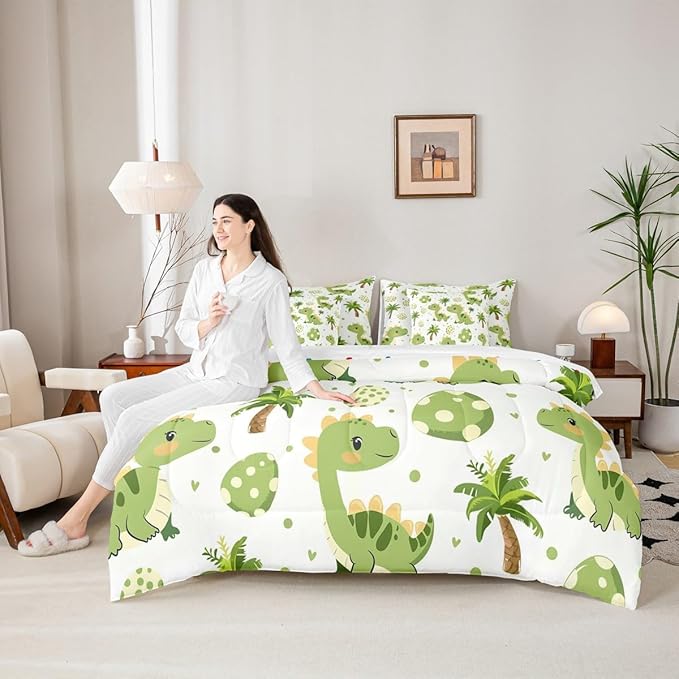 Feelyou Cute Dinosaur 7 Piece Bedding Set Cartoon Green Dinosaur Comforter Set with Sheets for Kids Boys Girls Animal Egg Bed in a Bag Coconut Tree Bed Set Soft Lightweight