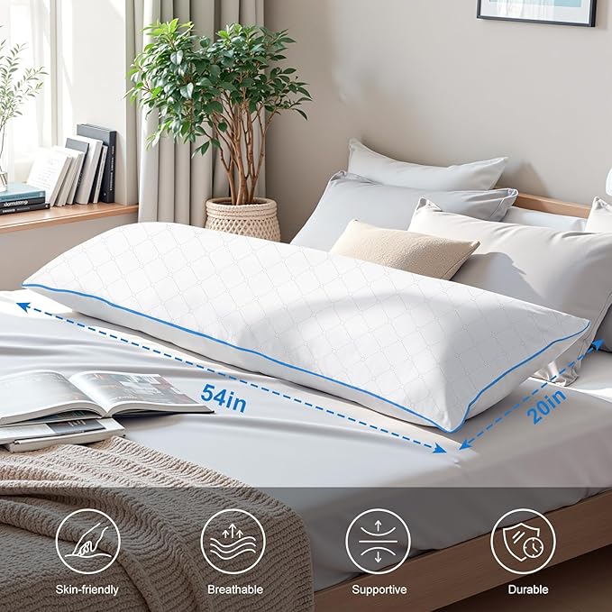 YZ HOME Long Body Pillow for Adults - Firm Body Pillow Insert with Shredded White Memory Foam, Adjustable Height, Soft Support for Side Sleeping, Pregnant Women, Washable (White, 20x54 Inch)