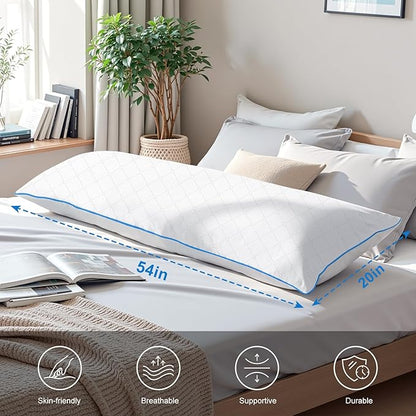 YZ HOME Long Body Pillow for Adults - Firm Body Pillow Insert with Shredded White Memory Foam, Adjustable Height, Soft Support for Side Sleeping, Pregnant Women, Washable (White, 20x54 Inch)