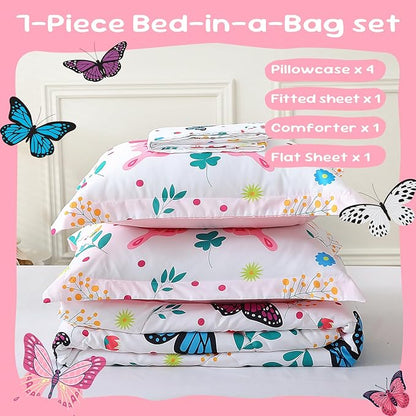 Butterfly Comforter Set Twin Size for Girls Kids Teens 7 Piece Bed in A Bag Colorful Butterflies Flower Leaves Bedding Set All Season Lightweight
