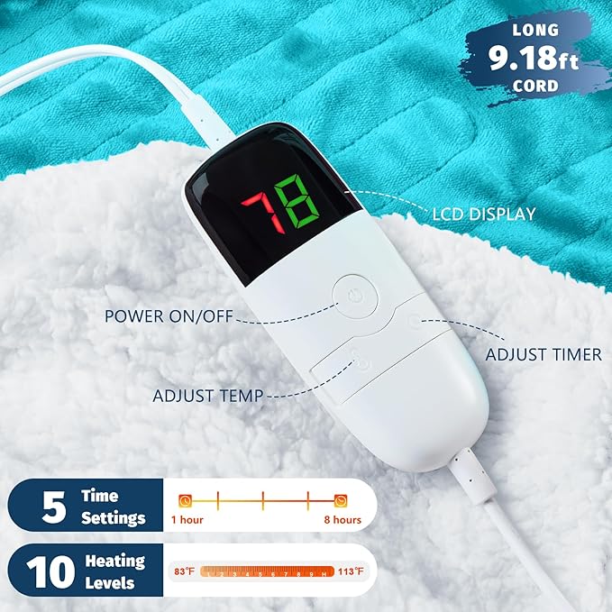 BOMOVA Heated Electric Blanket Full Size - 72" x 84" Heating Blanket with 10 Heating Levels & 8 Hours Auto Off, Warm Flannel Blanket, Christmas Birthday Gifts for Women