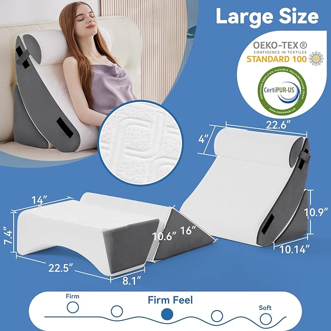 Newgoo Wedge Pillow Set for After Surgery, 5PCS XL Bed Wedge Pillow for Sleeping, Memory Foam Orthopedic Back Pillow for Pain Relief and Acid Reflux, Adjustable Post Surgery Pillow Grey