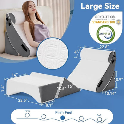 Newgoo Wedge Pillow Set for After Surgery, 5PCS XL Bed Wedge Pillow for Sleeping, Memory Foam Orthopedic Back Pillow for Pain Relief and Acid Reflux, Adjustable Post Surgery Pillow Grey