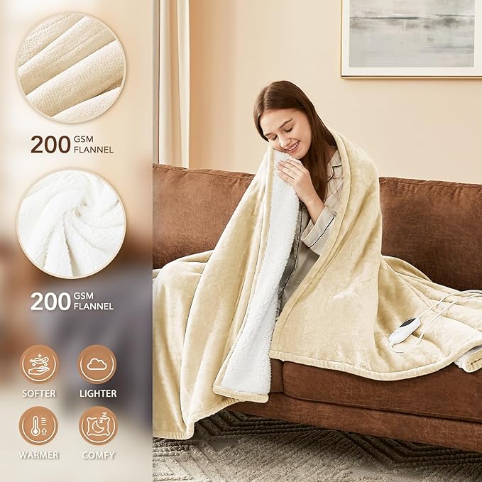 Homemate Electric Heated Blanket Queen Size - 84"x90" Heating Blanket Queen Size Dual Control 1/2/4/6/8 Hours Auto-Off 10 Heat Level Over-Heat Protection Flannel Sherpa ETL Certification