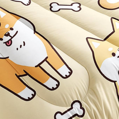 Kawaii Cartoon Corgi Dog Animal Themed 3Pcs Comforter Full Yellow Black Dogs Pattern Bedding for Kids Teens Girls Boys Cute White Bone Quilt Bed Decor Set with 1 Comforter and 2 Pillowcases
