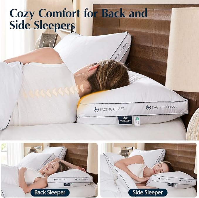 Pacific Coast Goose Feather and Down Firm Bed Pillows Standard Size Set of 2 with Gusset, Luxury Hotel Collection Pillows 2 Pack for Sleeping, Supportive for Side Sleepers and Back Sleepers