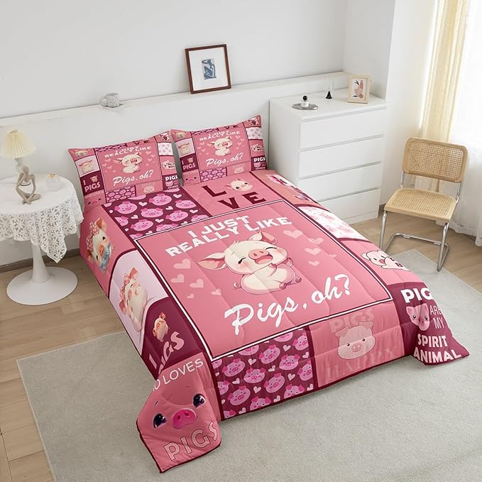 Castle Fairy Pink Pigs Comforter Set Queen Size,Cute Pig Pattern Bedding Set for Kids Boys Girls Bedroom Decoration,Animals Grid Printing Bed Duvet Insert,Lovely Pink Comforter with 2 Pillowcase