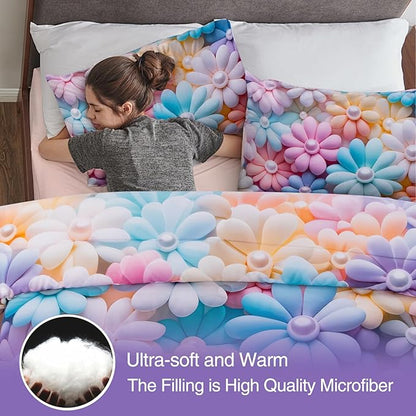 A Nice Night Stunning Blooming 3D Flower Floral Comforter Sets, with Pearl Flower Core Pattern Bedding Set for Girls Queen Size, Ultra Soft Bedding Sets (Blue-Purple, Queen 6Pcs)