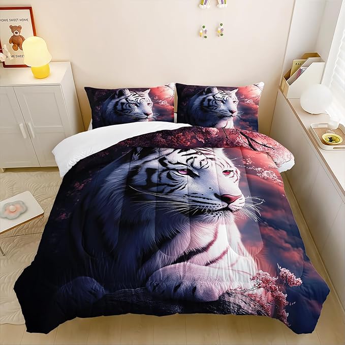White Tiger Wild Animal Floral Comforter 3Pcs Twin 3D Safari Animal Hunting Theme Flower Bedding Set for Kid Teen Boy Girl Adult Cherry Blossoms Quilt Decor with 1 Comforter and 2 Pillowcases