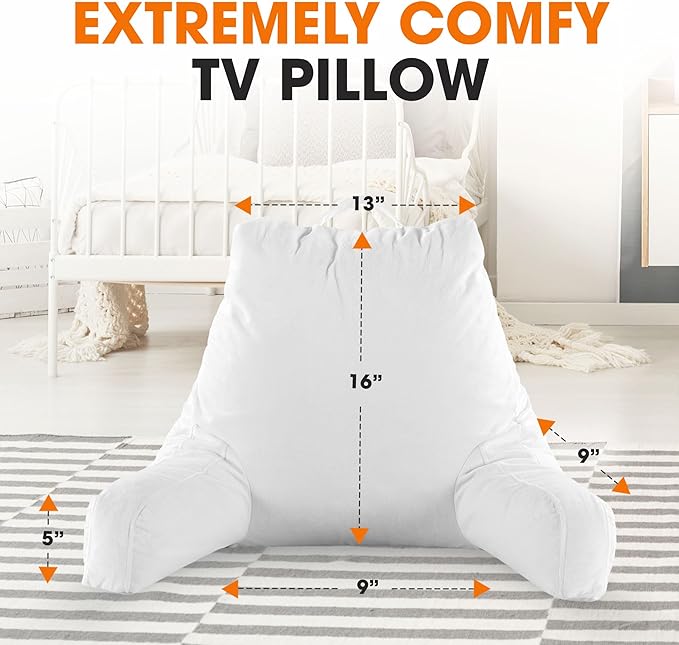 Cheer Collection Reading Pillow with Arms – Portable Bed Pillow for Sitting Up & Support, Foam-Filled Back Rest Pillow for Sitting in Bed & Couch, Machine Washable, White