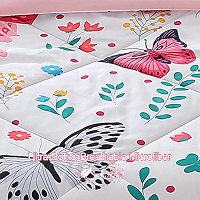 Girls Butterfly Comforter Set Full Size 7 Piece Bed in A Bag Colorful Flowers Leaves Bedding Set for Kids Teens Super Soft All Season