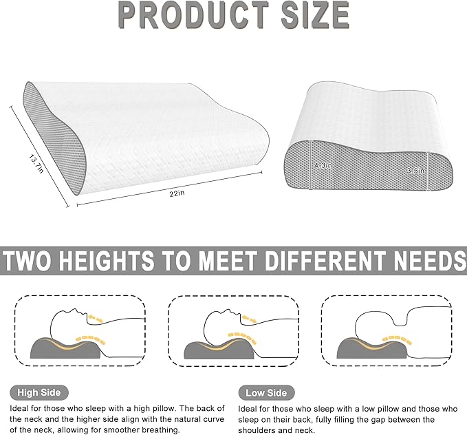 Cervical Pillow for Neck Pain Relief, Memory Foam Pillow, Ergonomic Adjustable Contour Bed Pillow for Side, Back & Stomach Sleepers (1, 22 * 13.7inch)
