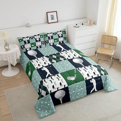 Golf Comforter Set King Size Geometric Patchwork Plaid Quilt Set Modern Ball Sports Gaming Bedding Set 3pcs for Men Adults Teens Room Decor Green White Duvet Insert with 2 Pillowcases