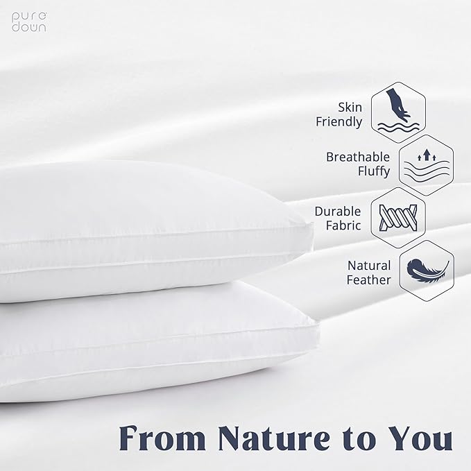 puredown® Goose Feather Down Pillows, Gusseted Bed Pillows for Sleeping 100% Cotton Cover, Set of 2 Standard Size