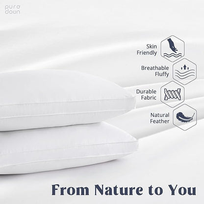 puredown Goose Down Feather Pillows with 100% Cotton Cover, Soft Gusseted Bed Hotel Collection Pillows for Sleeping, Set of 2, Queen Size