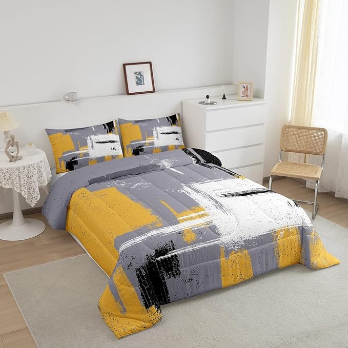 Feelyou Abstract Bedding Set Comforter Set for Kids Boys Children Modern Abstract Art Comforter Ultra Soft Decor Yellow Grey White Duvet Set Twin Size