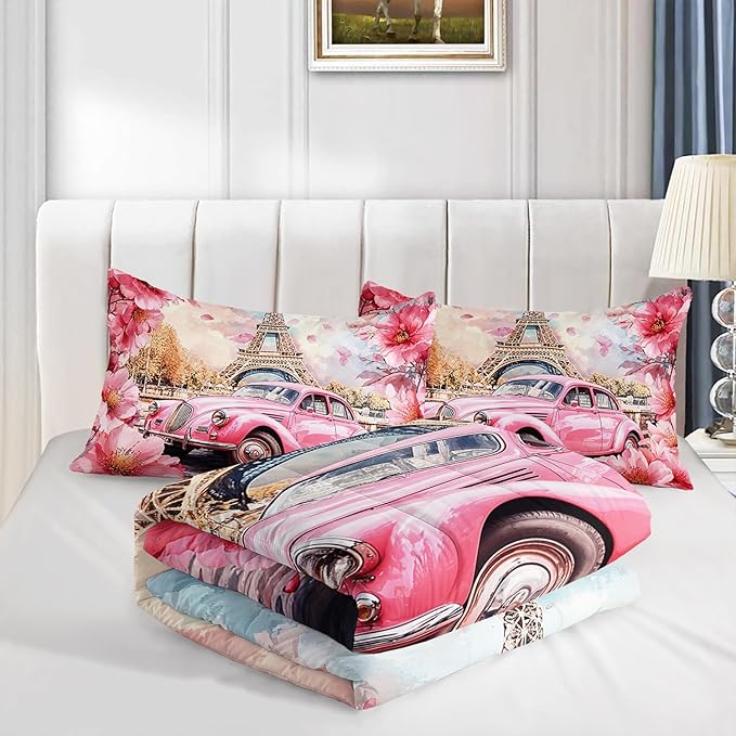 France Paris Eiffel Tower Comforter 3Pcs Queen Pink Car Peach Blossom Bedding Set for Kid Teen Girl Boy Adult Aesthetic Cherry Flowers Floral Quilt Bed Decor with 1 Comforter and 2 Pillowcases
