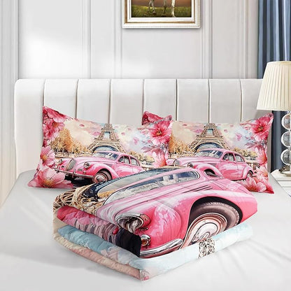 France Paris Eiffel Tower Comforter 3Pcs Full Pink Car Peach Blossom Bedding Set for Kid Teen Girl Boy Adult Aesthetic Cherry Flowers Floral Quilt Bed Decor with 1 Comforter and 2 Pillowcases