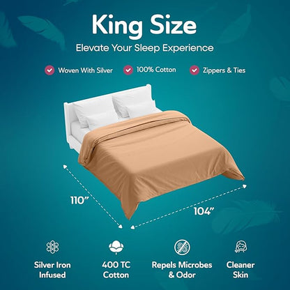 Sleepgram Supima Machine Washable 400 Thread Count Cotton Silver Ion Infused Luxury Zippered Duvet Cover with Travel Bag, King, Sand