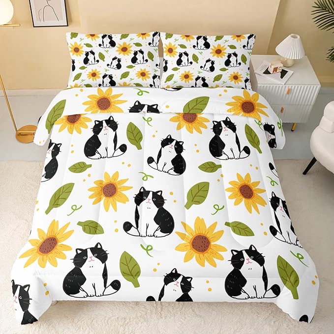 QOOMO Kawaii Cat Comforter Full Size,Sunflower Cat Comforter Set for Kids Teens Girls Boys,3Pcs Bedding Set Printed Comforter with 2 Pillowcases,Down Alternative,Soft and Lightweight，Full Size