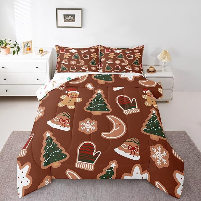 Erosebridal Merry Christmas Comforter Set for Kids Boys Girls,Cartoon Gingerbread Man Christmas Tree Bedding Full,Cute Xmas Comforter Sets,Moon Snowflake Duvet Insert with 2 Pillowcases