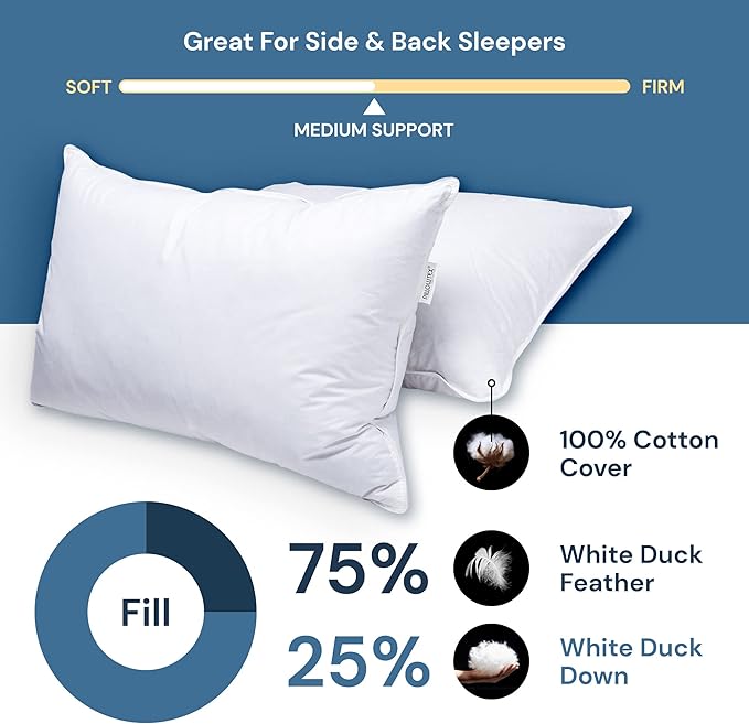 White Duck Down & Feather Pillow -2 Pack Pillows with Soft-Medium Support for Side & Back Sleepers Queen Size