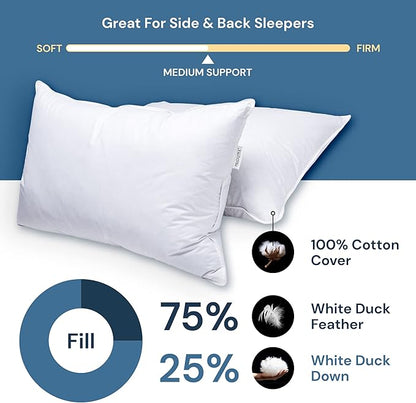 White Duck Down & Feather Pillow - Pillows with Soft-Medium Support for Side & Back Sleepers Standard Size
