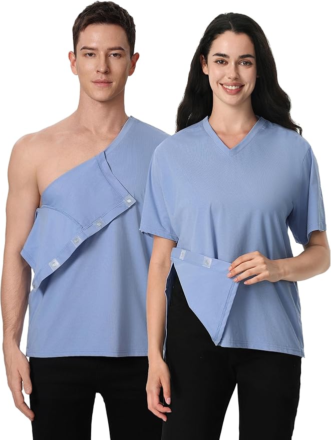 Magnetic Buttons Post Shoulder Surgery Recovery Shirt for Men V-Neck Tear Away Adaptive Chemo Port Clothing for Women