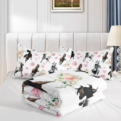Western Horse Comforter Set Retro Floral Printed Bedding Set with 1 Comforter and 2 Pillowcases for Boys and Girls Bedroom All Season(Horse Twin)