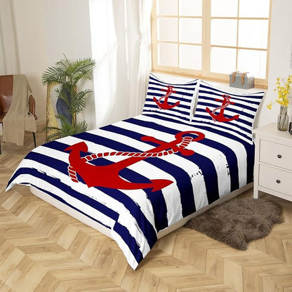 Nautical Anchor Duvet Cover Set Twin,Geometric Stripes Comforter Cover Ocean Adventure Theme Quilt Cover Navy Blue and Red Bedding Set 2pcs for Kids Girls Teens Boys Room Decor with 1 Pillowcase